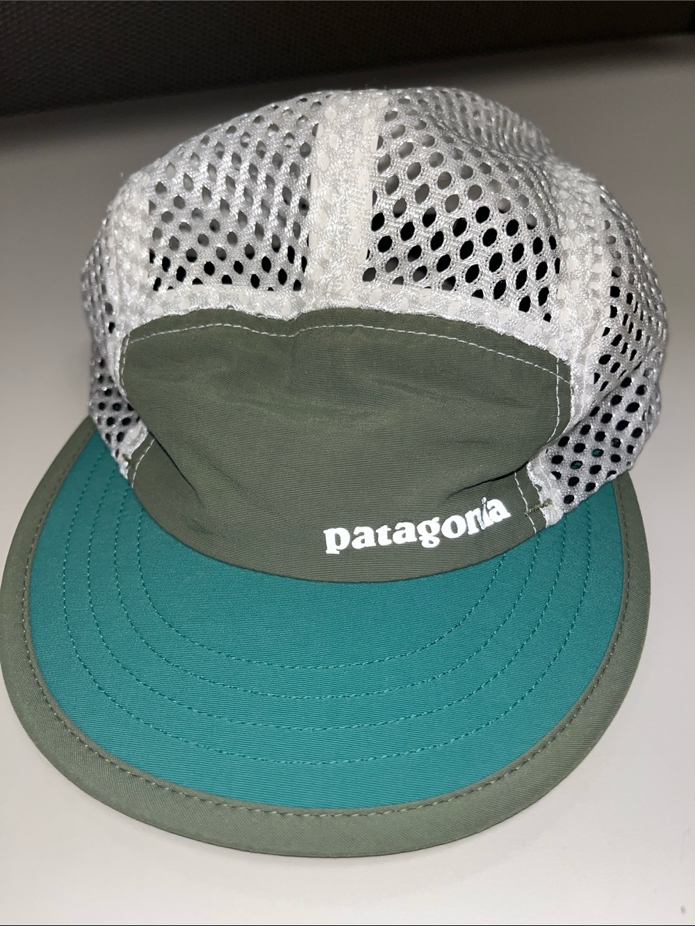 Patagonia Mesh Cap in Teal Brim and Olive Front